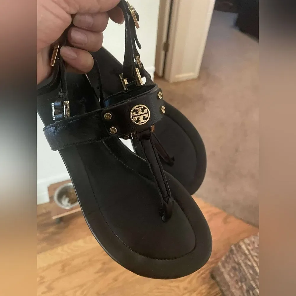 Tory Burch Robinson Demi Wedge Heel Sandal Slingback Black Gold 8.5